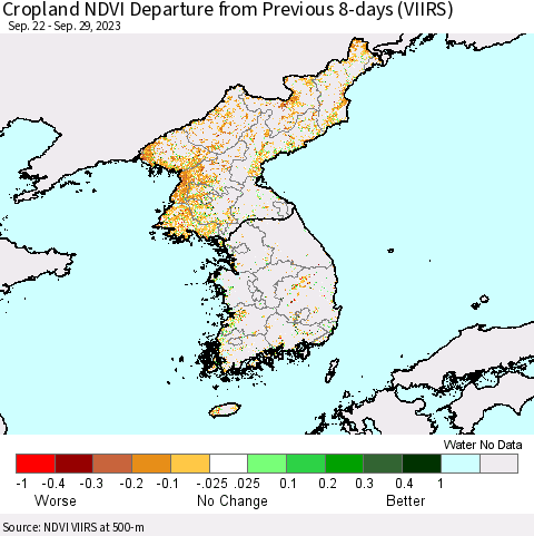 Korea Cropland NDVI Departure from Previous 8-days (VIIRS) Thematic Map For 9/22/2023 - 9/29/2023