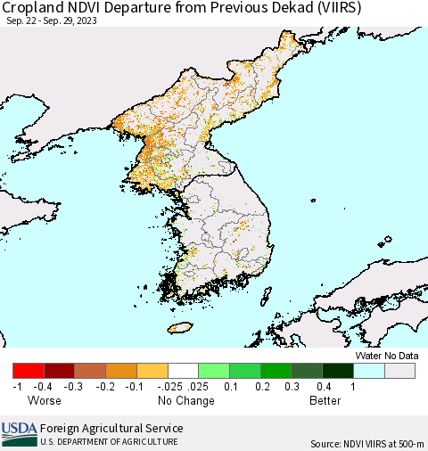Korea Cropland NDVI Departure from Previous Dekad (VIIRS) Thematic Map For 9/21/2023 - 9/30/2023