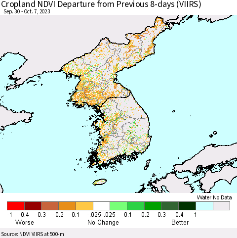 Korea Cropland NDVI Departure from Previous 8-days (VIIRS) Thematic Map For 9/30/2023 - 10/7/2023