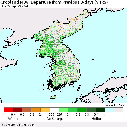 Korea Cropland NDVI Departure from Previous 8-days (VIIRS) Thematic Map For 4/22/2024 - 4/29/2024