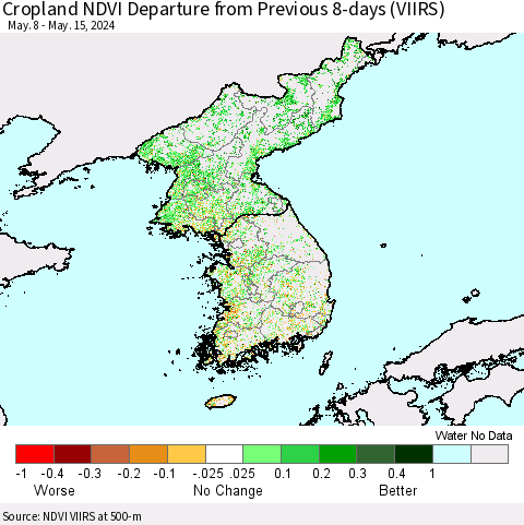 Korea Cropland NDVI Departure from Previous 8-days (VIIRS) Thematic Map For 5/8/2024 - 5/15/2024