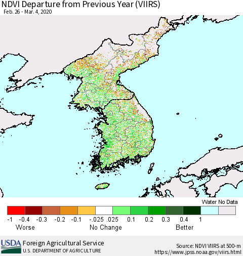 Korea NDVI Departure from Previous Year (VIIRS) Thematic Map For 3/1/2020 - 3/10/2020