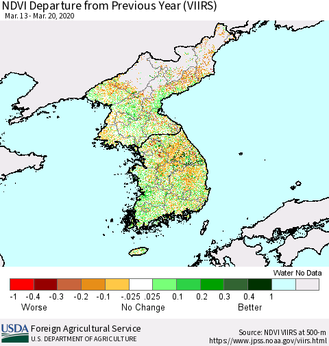 Korea NDVI Departure from Previous Year (VIIRS) Thematic Map For 3/11/2020 - 3/20/2020