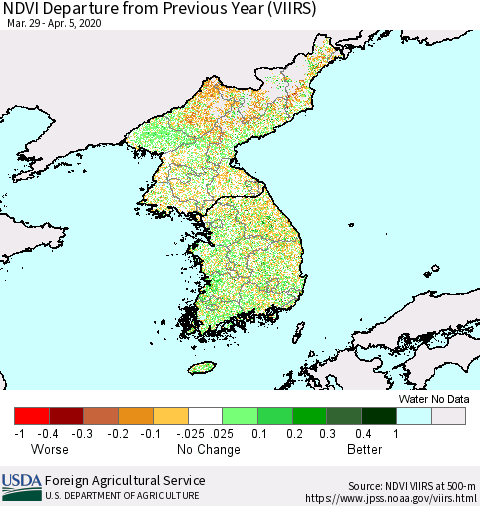 Korea NDVI Departure from Previous Year (VIIRS) Thematic Map For 4/1/2020 - 4/10/2020