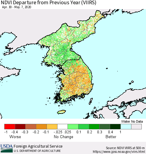 Korea NDVI Departure from Previous Year (VIIRS) Thematic Map For 5/1/2020 - 5/10/2020