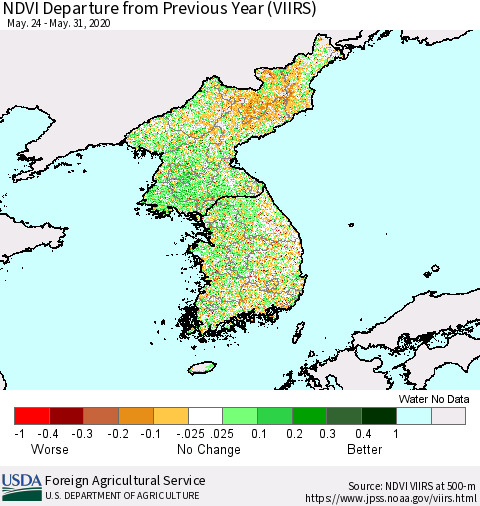 Korea NDVI Departure from Previous Year (VIIRS) Thematic Map For 5/21/2020 - 5/31/2020