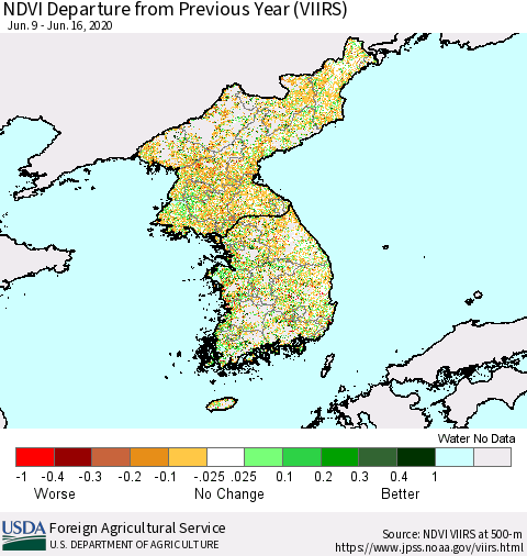 Korea NDVI Departure from Previous Year (VIIRS) Thematic Map For 6/11/2020 - 6/20/2020