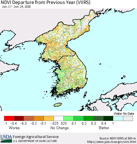 Korea NDVI Departure from Previous Year (VIIRS) Thematic Map For 6/21/2020 - 6/30/2020