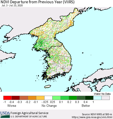 Korea NDVI Departure from Previous Year (VIIRS) Thematic Map For 7/1/2020 - 7/10/2020