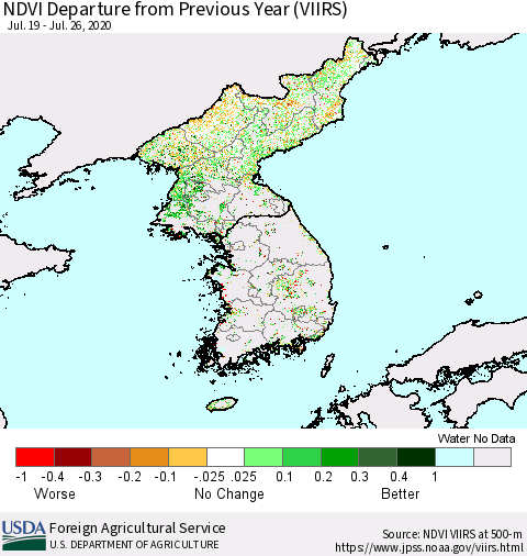 Korea NDVI Departure from Previous Year (VIIRS) Thematic Map For 7/21/2020 - 7/31/2020