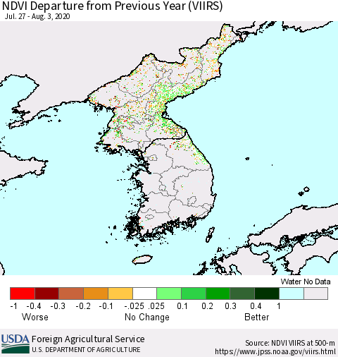 Korea NDVI Departure from Previous Year (VIIRS) Thematic Map For 8/1/2020 - 8/10/2020