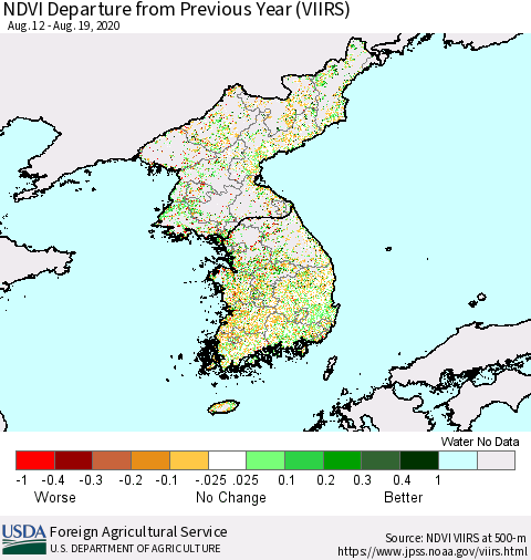 Korea NDVI Departure from Previous Year (VIIRS) Thematic Map For 8/11/2020 - 8/20/2020