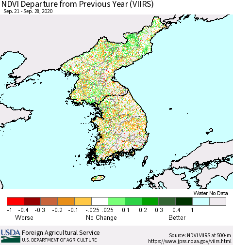 Korea NDVI Departure from Previous Year (VIIRS) Thematic Map For 9/21/2020 - 9/30/2020