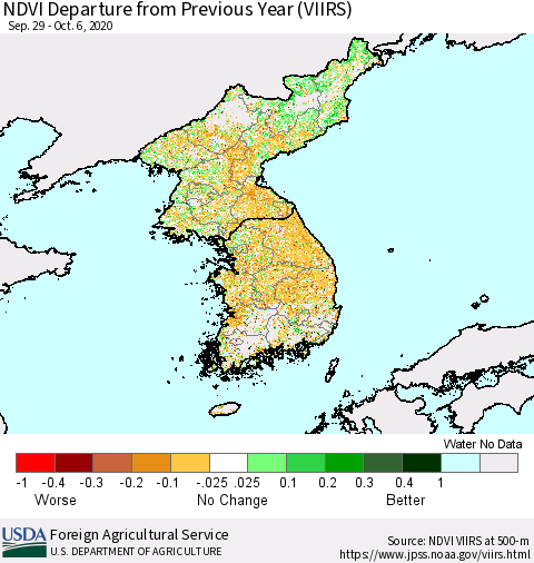 Korea NDVI Departure from Previous Year (VIIRS) Thematic Map For 10/1/2020 - 10/10/2020