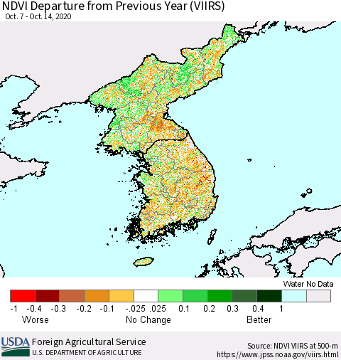 Korea NDVI Departure from Previous Year (VIIRS) Thematic Map For 10/11/2020 - 10/20/2020