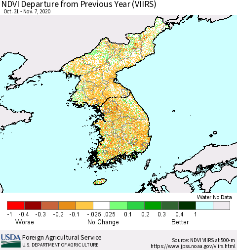 Korea NDVI Departure from Previous Year (VIIRS) Thematic Map For 11/1/2020 - 11/10/2020