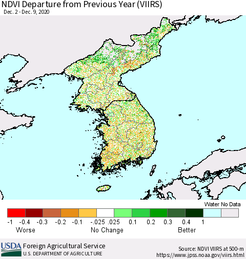 Korea NDVI Departure from Previous Year (VIIRS) Thematic Map For 12/1/2020 - 12/10/2020