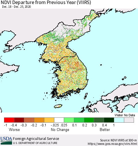 Korea NDVI Departure from Previous Year (VIIRS) Thematic Map For 12/21/2020 - 12/31/2020