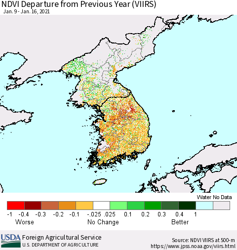 Korea NDVI Departure from Previous Year (VIIRS) Thematic Map For 1/11/2021 - 1/20/2021