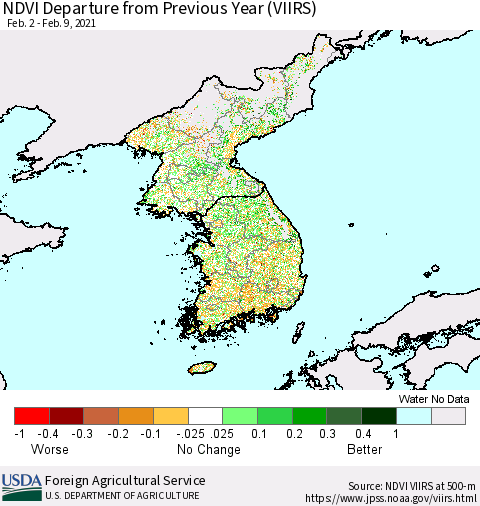 Korea NDVI Departure from Previous Year (VIIRS) Thematic Map For 2/1/2021 - 2/10/2021