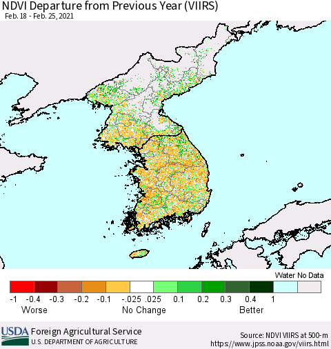 Korea NDVI Departure from Previous Year (VIIRS) Thematic Map For 2/21/2021 - 2/28/2021