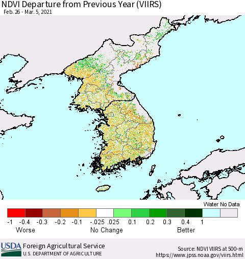 Korea NDVI Departure from Previous Year (VIIRS) Thematic Map For 3/1/2021 - 3/10/2021