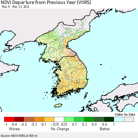 Korea NDVI Departure from Previous Year (VIIRS) Thematic Map For 3/6/2021 - 3/13/2021
