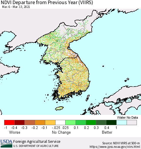 Korea NDVI Departure from Previous Year (VIIRS) Thematic Map For 3/11/2021 - 3/20/2021