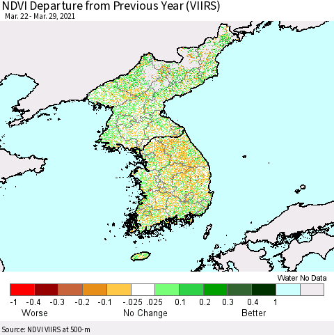 Korea NDVI Departure from Previous Year (VIIRS) Thematic Map For 3/22/2021 - 3/29/2021
