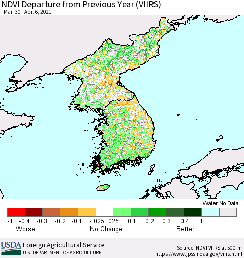 Korea NDVI Departure from Previous Year (VIIRS) Thematic Map For 4/1/2021 - 4/10/2021