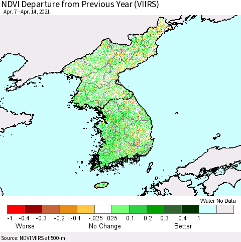 Korea NDVI Departure from Previous Year (VIIRS) Thematic Map For 4/7/2021 - 4/14/2021
