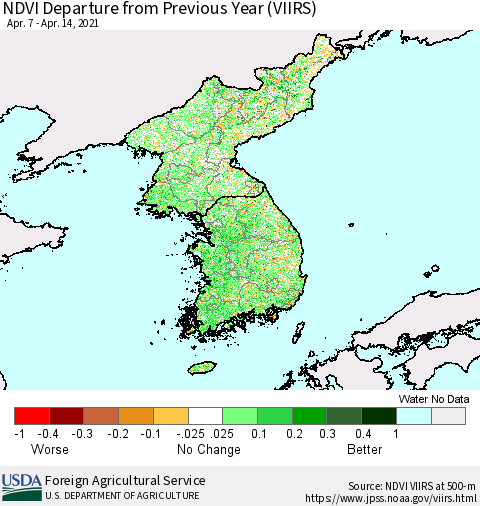 Korea NDVI Departure from Previous Year (VIIRS) Thematic Map For 4/11/2021 - 4/20/2021