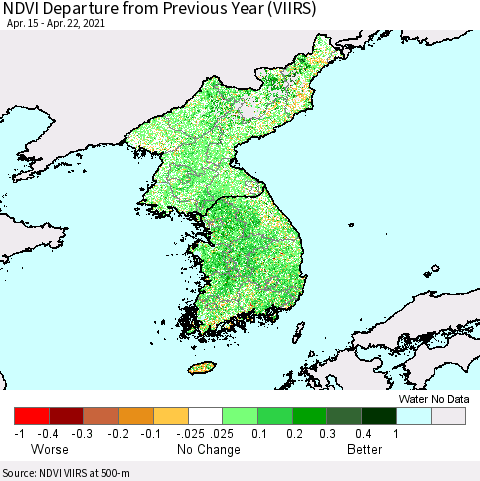 Korea NDVI Departure from Previous Year (VIIRS) Thematic Map For 4/15/2021 - 4/22/2021