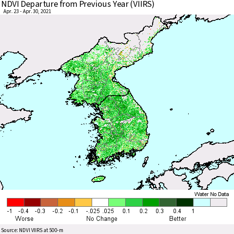 Korea NDVI Departure from Previous Year (VIIRS) Thematic Map For 4/21/2021 - 4/30/2021