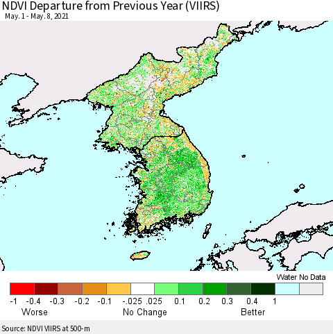Korea NDVI Departure from Previous Year (VIIRS) Thematic Map For 5/1/2021 - 5/8/2021