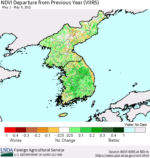 Korea NDVI Departure from Previous Year (VIIRS) Thematic Map For 5/1/2021 - 5/10/2021