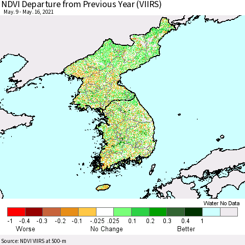 Korea NDVI Departure from Previous Year (VIIRS) Thematic Map For 5/9/2021 - 5/16/2021