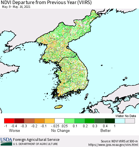 Korea NDVI Departure from Previous Year (VIIRS) Thematic Map For 5/11/2021 - 5/20/2021
