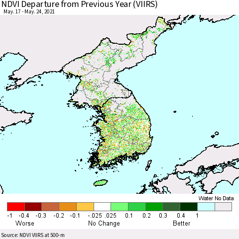 Korea NDVI Departure from Previous Year (VIIRS) Thematic Map For 5/17/2021 - 5/24/2021