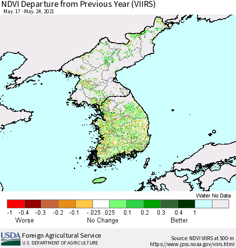 Korea NDVI Departure from Previous Year (VIIRS) Thematic Map For 5/21/2021 - 5/31/2021