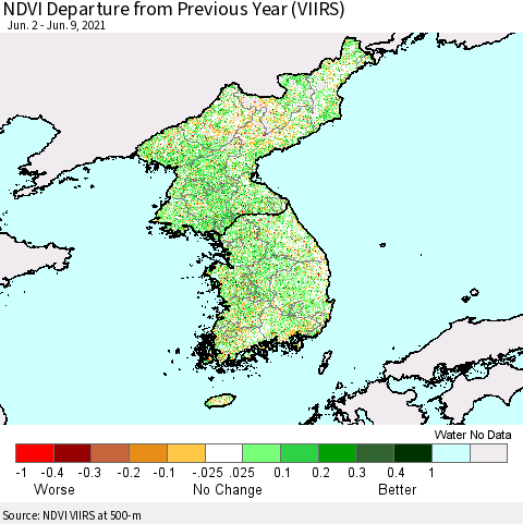 Korea NDVI Departure from Previous Year (VIIRS) Thematic Map For 6/2/2021 - 6/9/2021