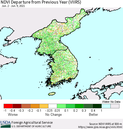 Korea NDVI Departure from Previous Year (VIIRS) Thematic Map For 6/1/2021 - 6/10/2021