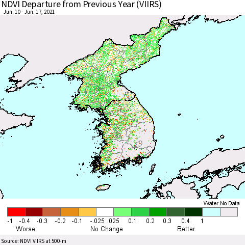 Korea NDVI Departure from Previous Year (VIIRS) Thematic Map For 6/10/2021 - 6/17/2021