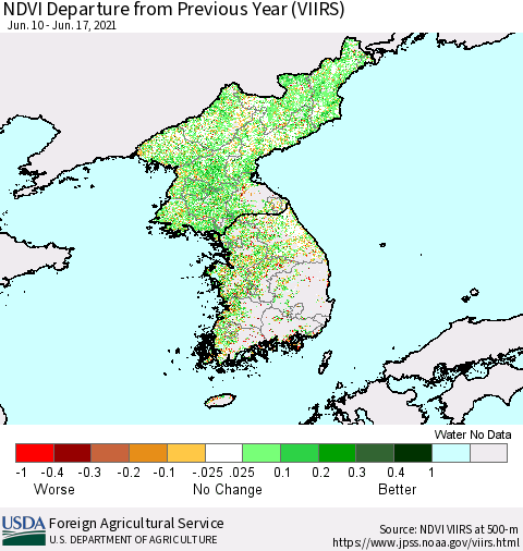 Korea NDVI Departure from Previous Year (VIIRS) Thematic Map For 6/11/2021 - 6/20/2021
