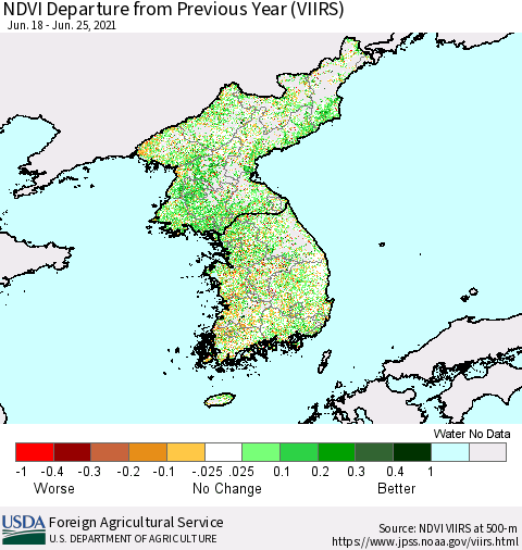 Korea NDVI Departure from Previous Year (VIIRS) Thematic Map For 6/21/2021 - 6/30/2021