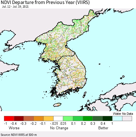 Korea NDVI Departure from Previous Year (VIIRS) Thematic Map For 7/12/2021 - 7/19/2021