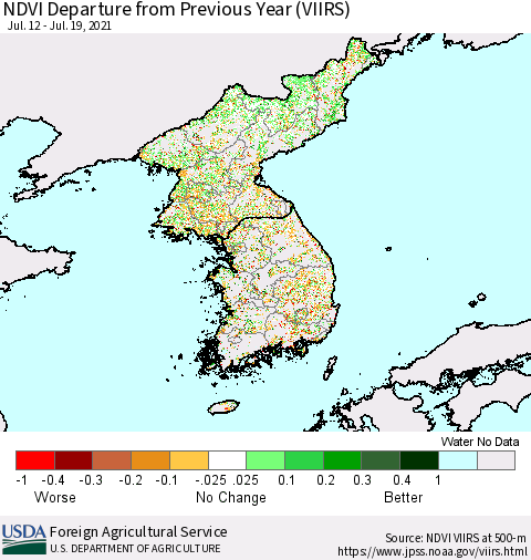 Korea NDVI Departure from Previous Year (VIIRS) Thematic Map For 7/11/2021 - 7/20/2021