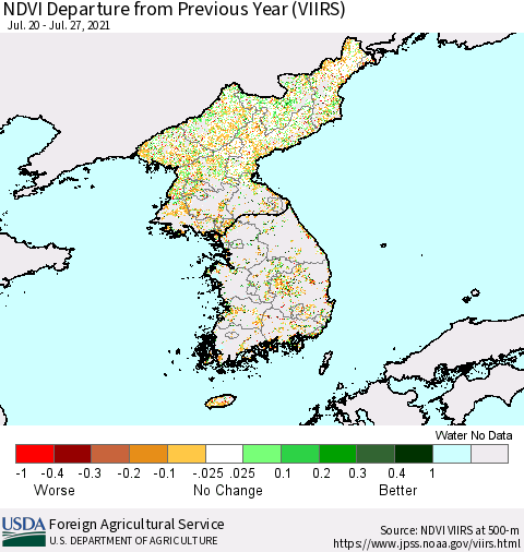 Korea NDVI Departure from Previous Year (VIIRS) Thematic Map For 7/21/2021 - 7/31/2021