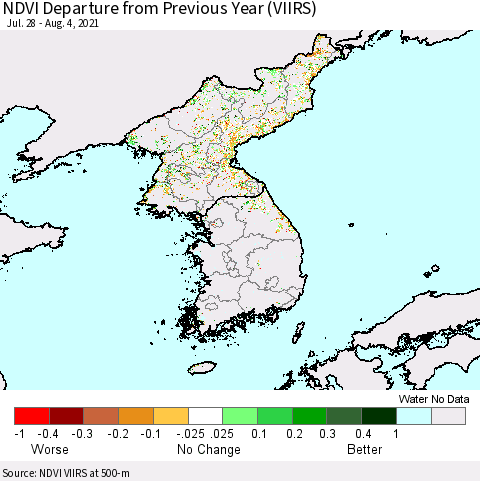 Korea NDVI Departure from Previous Year (VIIRS) Thematic Map For 7/28/2021 - 8/4/2021