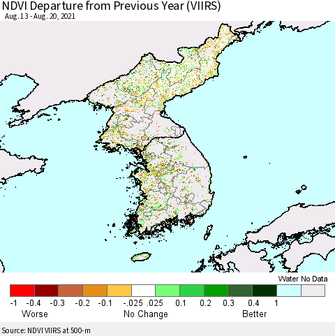Korea NDVI Departure from Previous Year (VIIRS) Thematic Map For 8/13/2021 - 8/20/2021